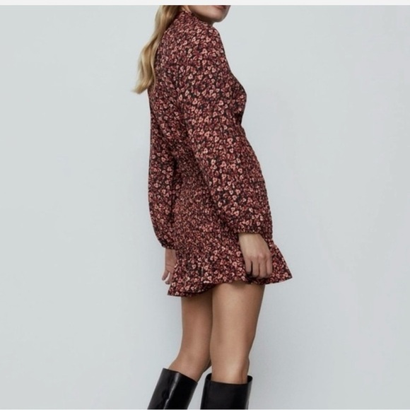 Zara Ditsy Floral-Shirring-Ruffle-Long Sleeve-Mini Dress-Back Slit-Women XS - Picture 3 of 12